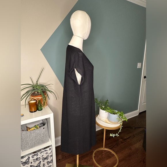 Eileen Fisher L Black Wool Midi Dress Textured Knit Wrap V-Neck Size Large - Picture 4 of 10